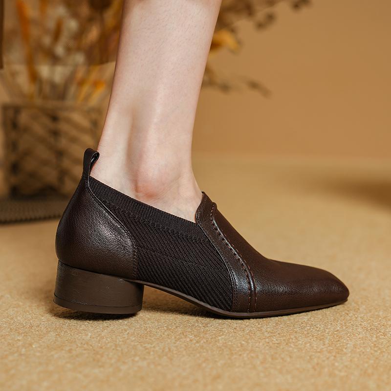 Fashion 2025 Autumn New Genuine Leather Soft Work Shoes Women High Heel Stretch Square Toe Slip on Brown Khaki British Style Heels Women