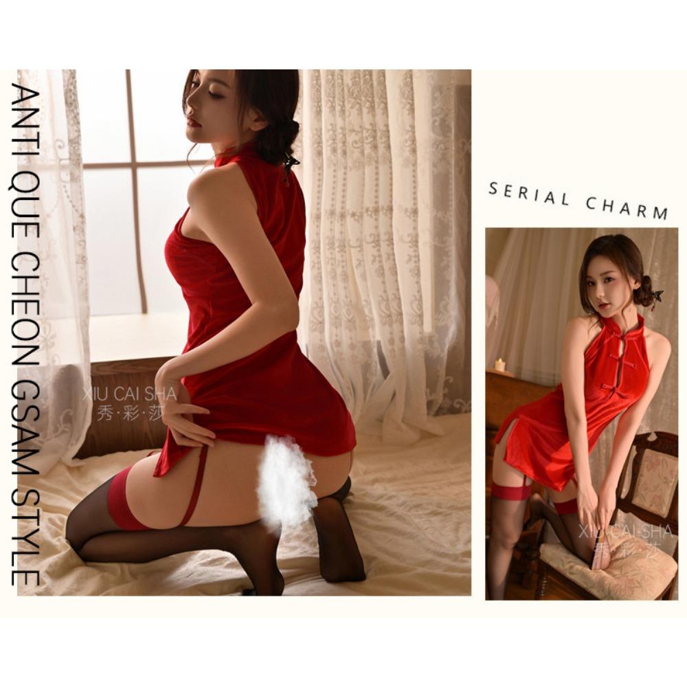 Sexy Lingerie Velvet Cheongsam Hanfu Hip-wrapped Retro Stand-up Collar Uniform Set Free Clothing Bed Pajamas