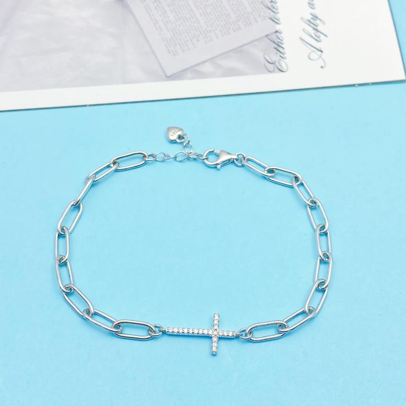 S925 Sterling Silver Cross Bracelet with Zircon - Elegant European & American Style, Perfect for Simple and Versatile Fashion. 925 Sterling Silver