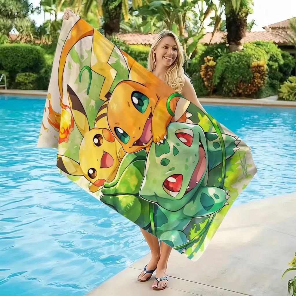 P-Pokemon Starters Anime Beach Towel, Pikachu Charmander Bulbasaur Print Quick Dry Breathable Large Size Gift for Fans Swimming