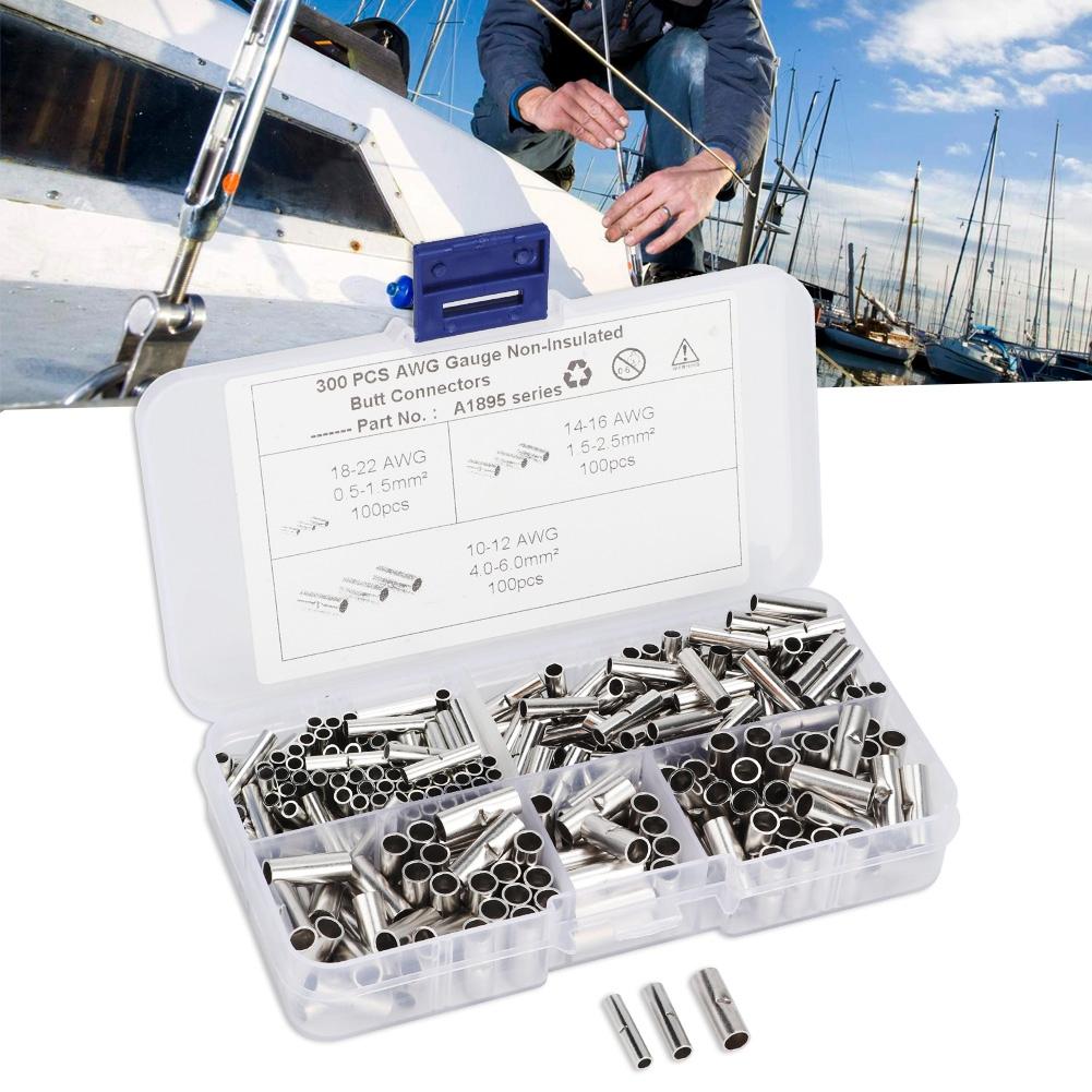 300Pcs Non Insulated Copper Butt Splice Wire Connector Tinned Crimp Terminal Kit for Boat Auto