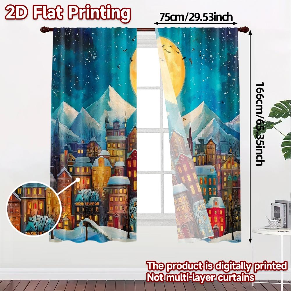 2pcs, 2D FLAT PRINTING Curtains (Without Rod) WinterVillageMoon Modern Modern Curtain Versatile Polyester Curtains Decorations