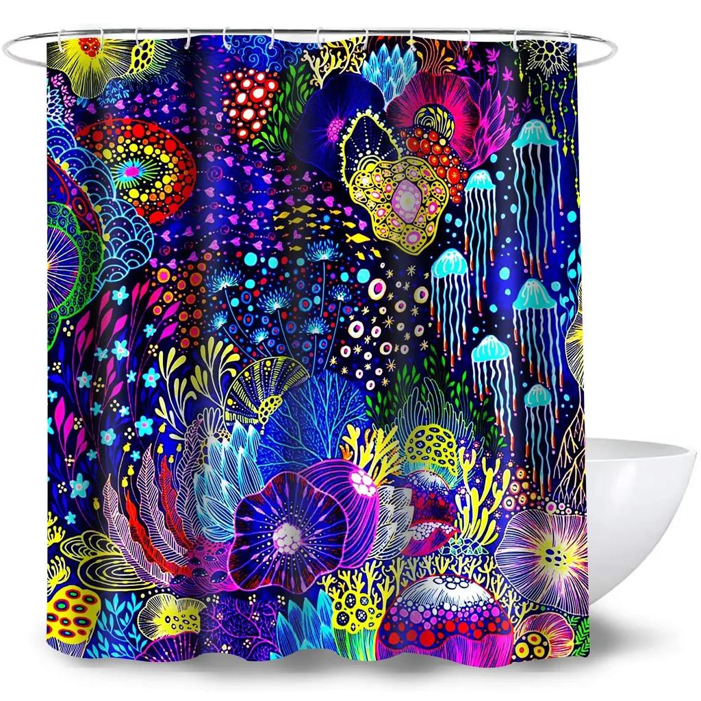 Manet Duschdraperi Blå Magisk Undervattens Havsliv Duschdraperier Roliga Akvatiska Badrumsdraperier Badskärm, Vattentät