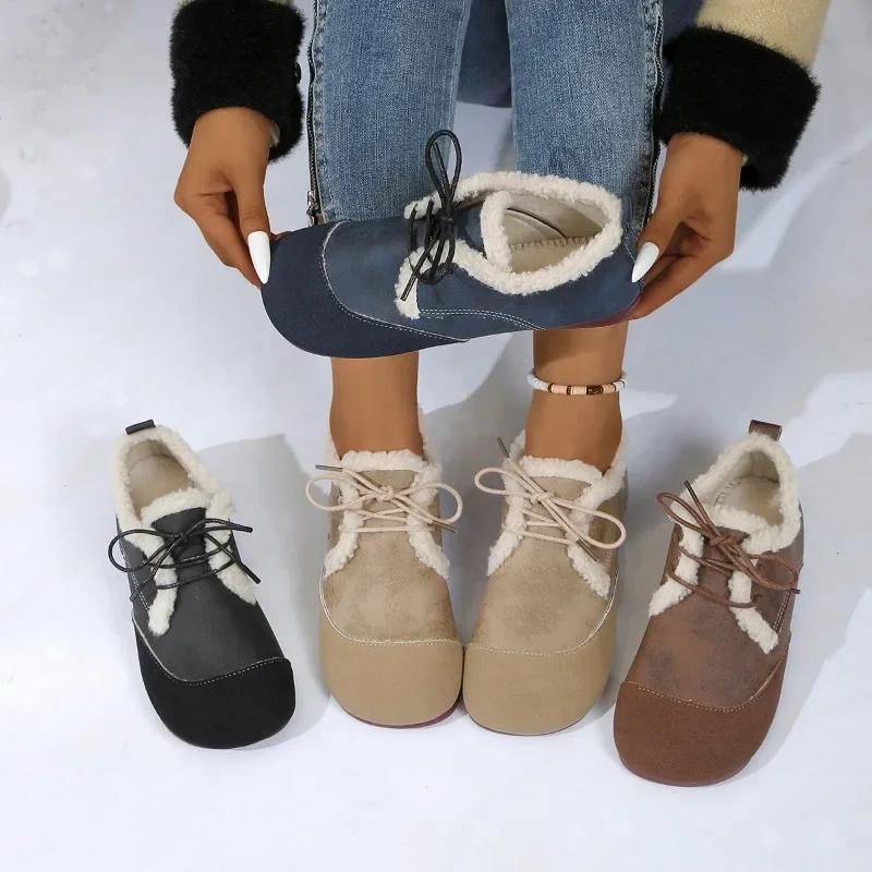Fashion Winter Lace Up Women's Flats 2025 Casual Warm Moccasin Shoes Women Cow Suede Patchwork Round Toe Short Plush Ladies Flat Shoes