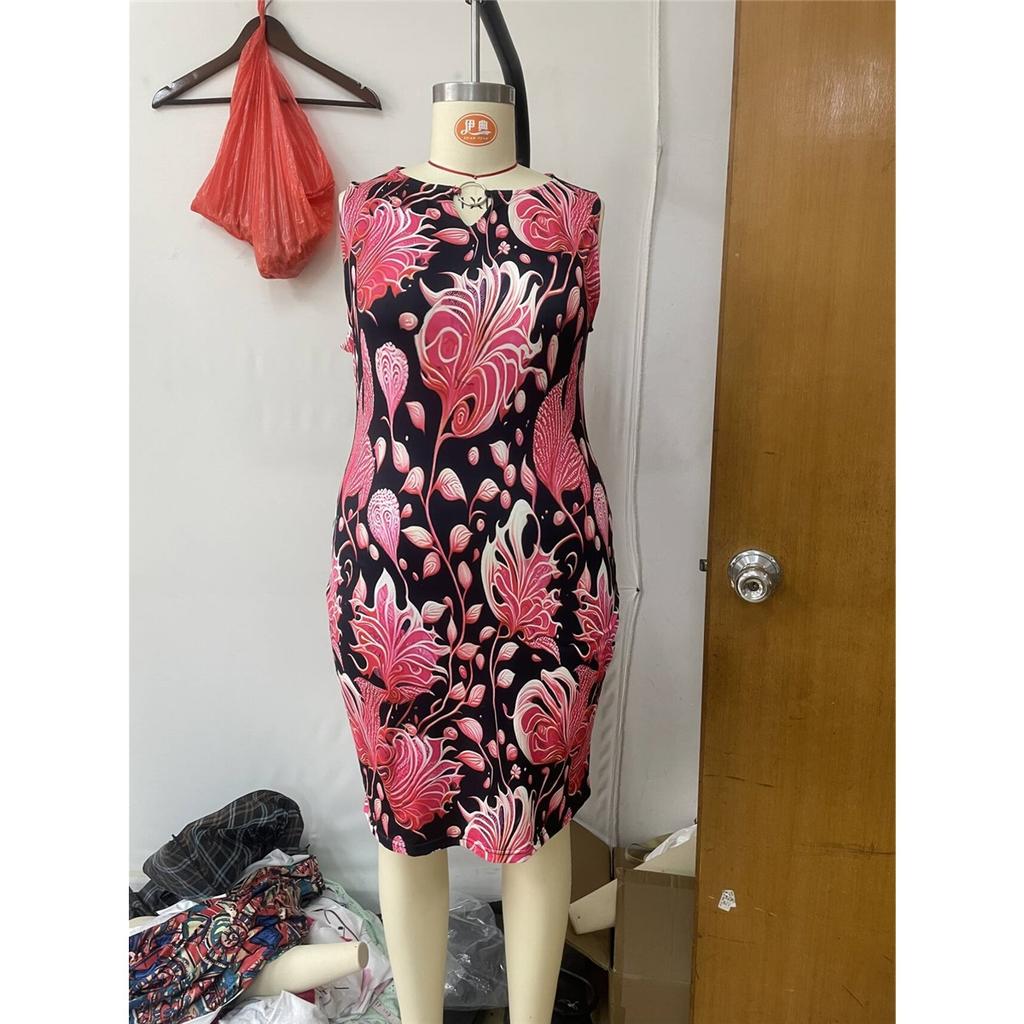 Women's Sleeveless Round Neck Print Elegant Tight Knee-length Dress