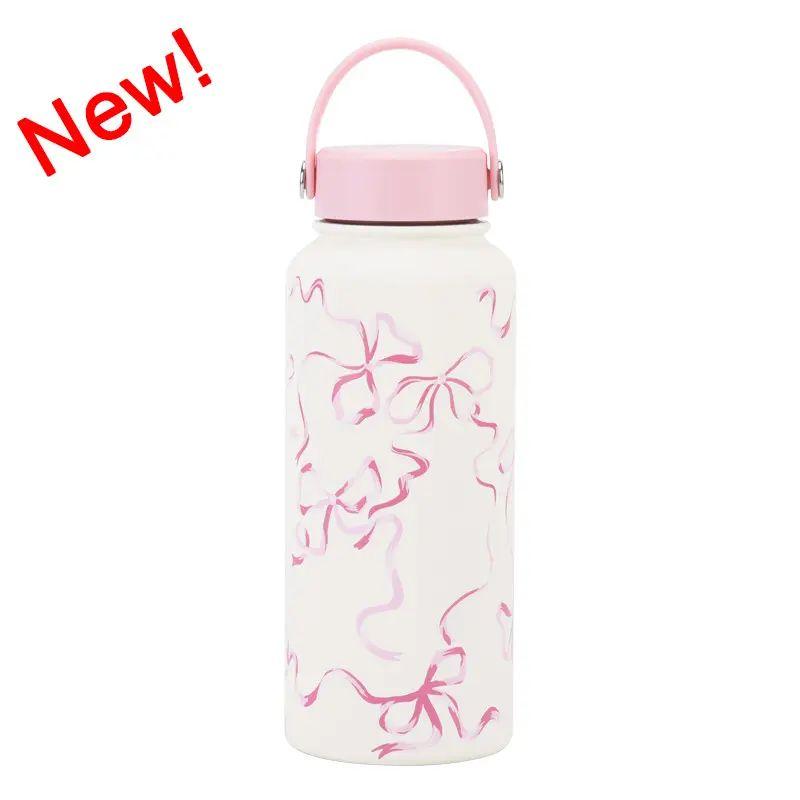 2025 New Model 1L Large Capacity Thermos Cup with Wide Mouth and Handle, Sports Water Bottle, Outdoor Printed Water Cup for Women Ivory White K1 1L