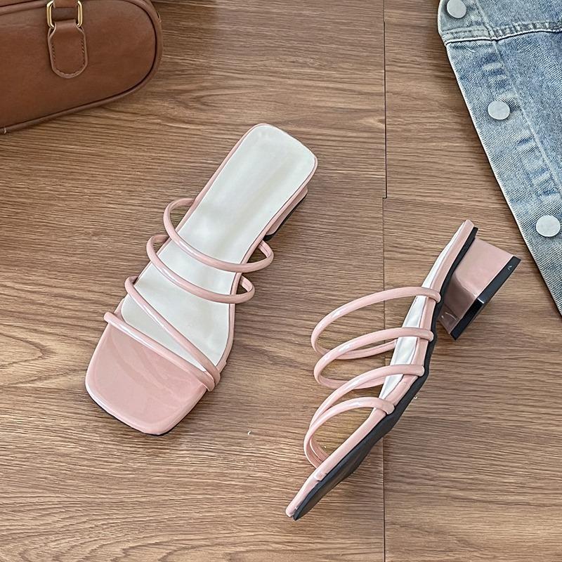 Fashion French Simple Square Toe Thin Strap Block Heel Flip-flops for Women 2025 Summer New All-match Open-toe High Heels