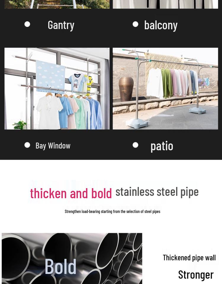 Retractable No-Drill 304 Stainless Steel Balcony Clothes Drying Rack Pole