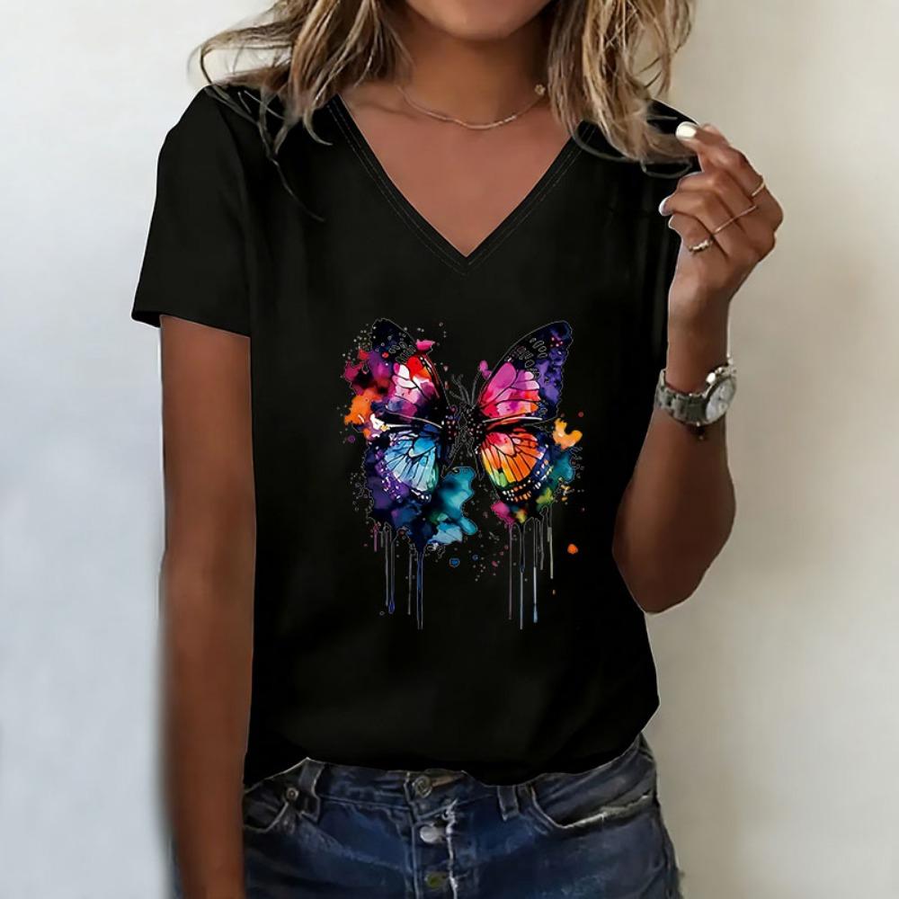 Summer T-shirt V Neck Casual Fashion Y2k Butterfly Aesthetic Printed T Shirts Women Short Sleeve Tee Shirt V-Neck Female