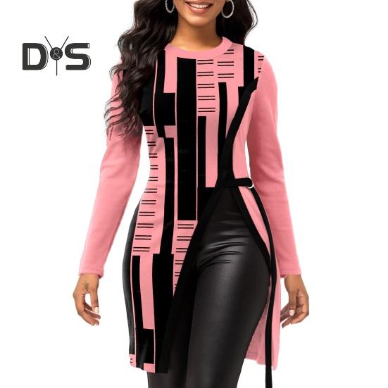 

Женская блузка с геометрическим принтом на осень-зиму с круглым вырезом, длинными рукавами, разрезами по бокам, средней длины, пуловер, туника, топы, уличная одежда M розовый