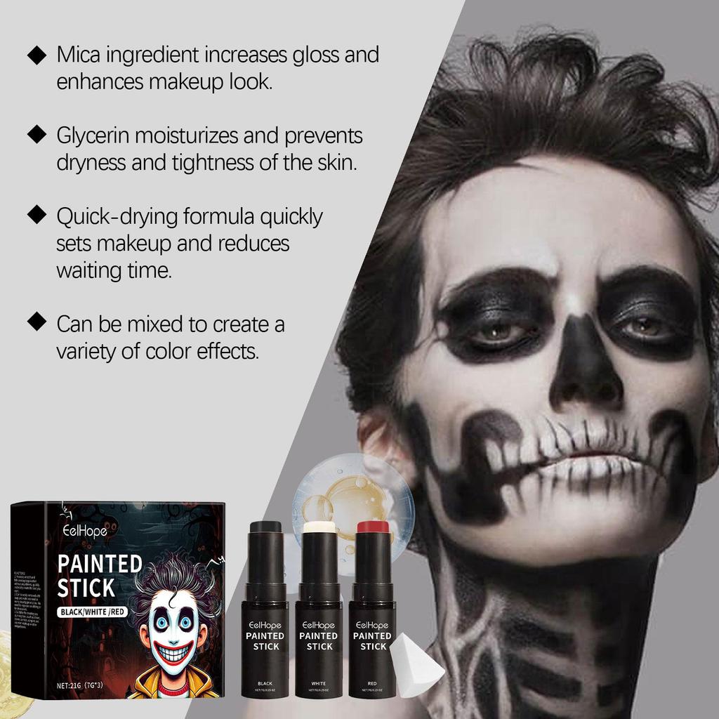Halloween Body Paint Stick Set Full-Coverage White Black Red Clown Face Foundation Makeup Kit Christmas Cosplay Party Supplies
