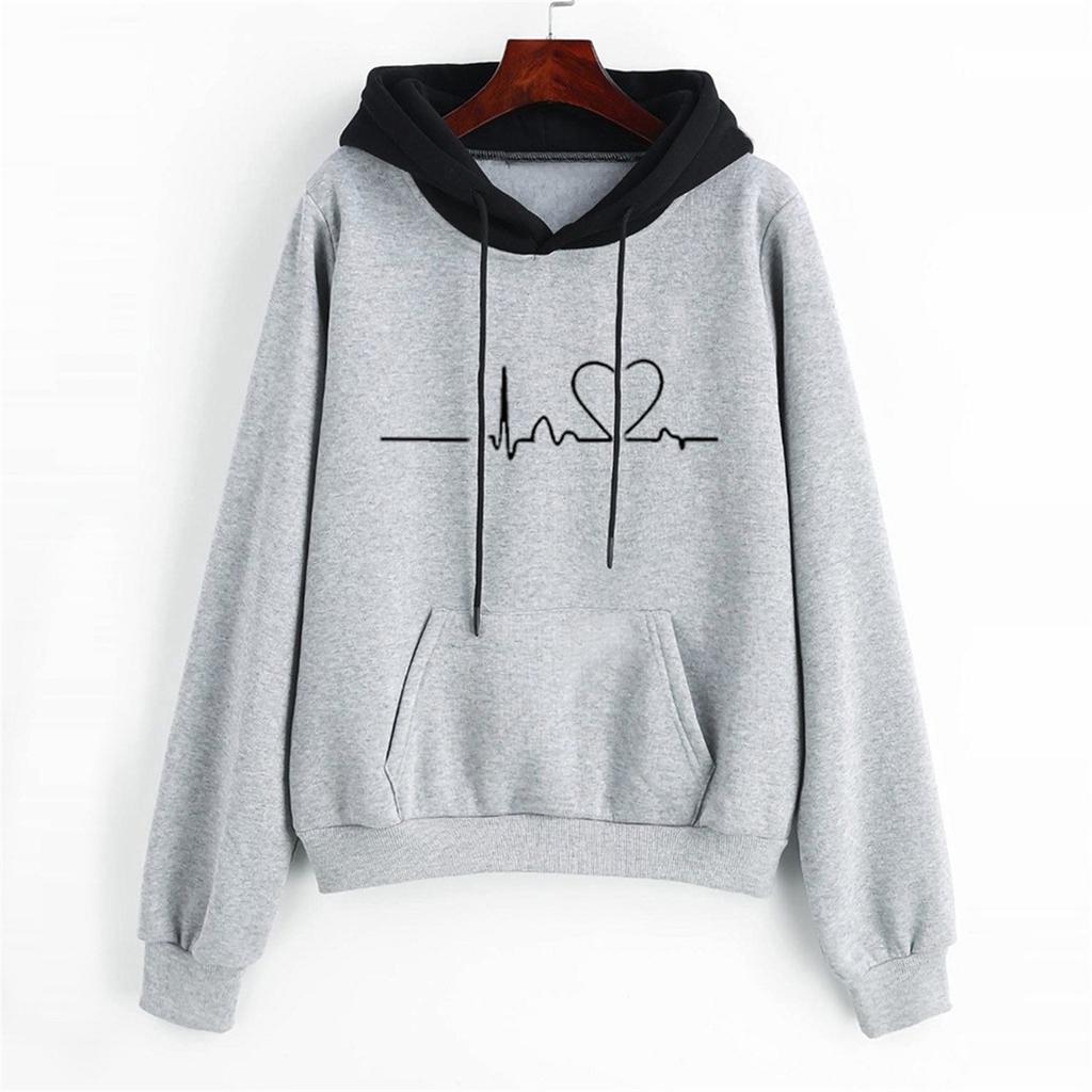 Women Fashion Long Sleeve Electrocardiogram Print Hoodie Pullover Top Sweatshirt