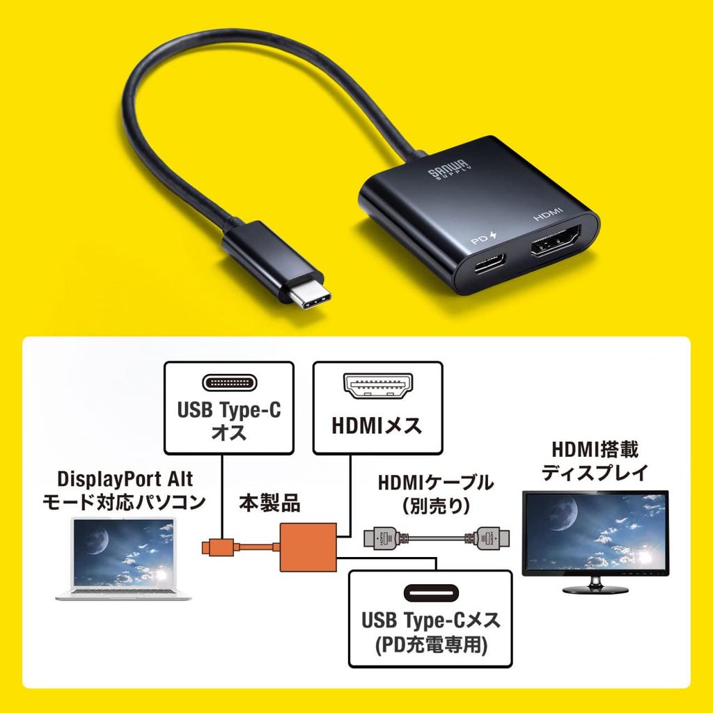 SANWA SUPPLY USB Type C To HDMI Adapter Black (4K/60Hz/PD Compatible) AD-ALCPHDPD