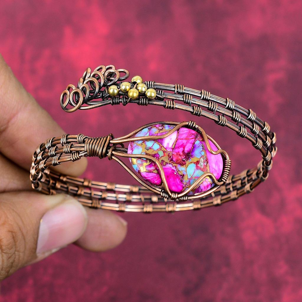 Natural Kingman Pink Dahlia Turquoise Cuff Bracelet Copper Wire Wrapped Bangle Handmade Gemstone Jewelry Adjustable Bangle Anniversary Gifts