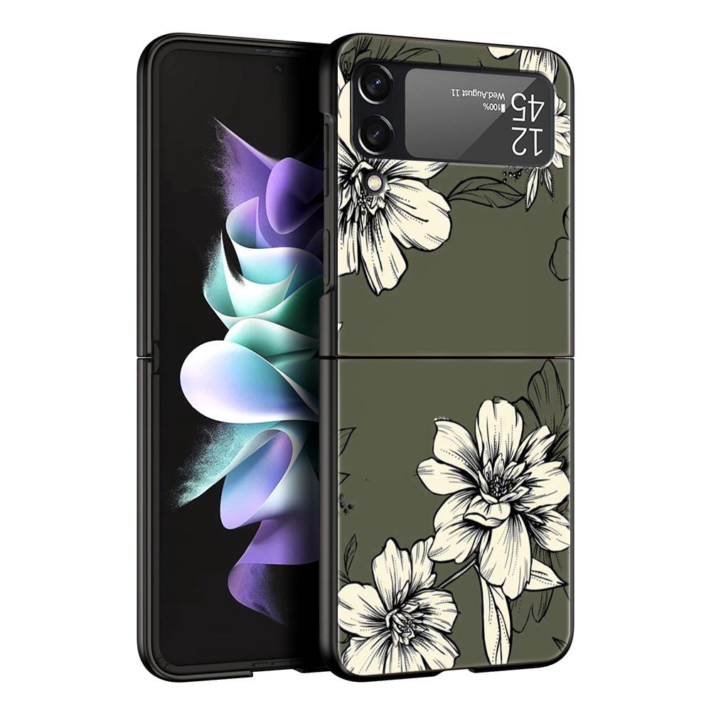 Flower Phone Case For Samsung Galaxy Z Flip3 Flip4 Flip5 PC Bumper Shell For Z Flip 3 4 5 Black Hard Folding Back Cover