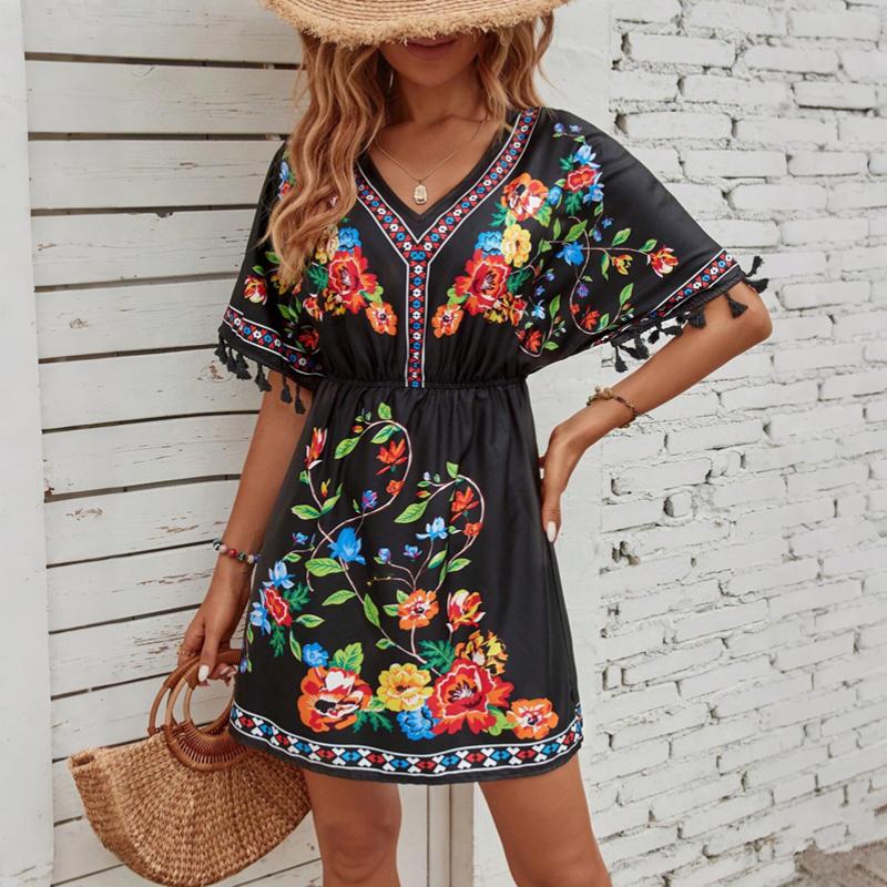 Sommer Neue Mode Vestidos Damen Lässig Sexy Große Größen Vintage Strand Kurzarm Druck Mini Kleid S-2XL