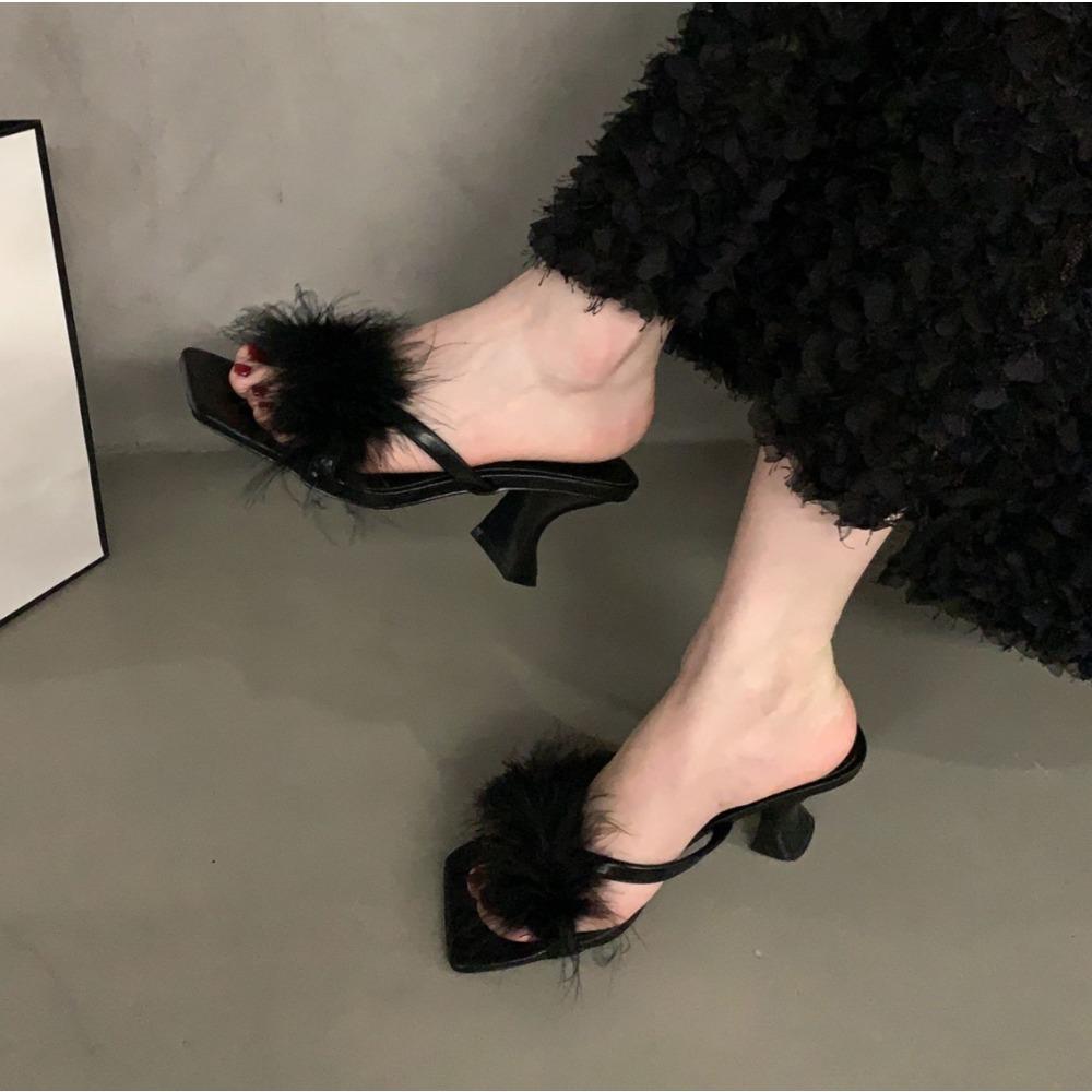 New Summer Transparent High Heels Fur Slippers Women Feather Sandals Peep Toe Mules Pumps Slides Party Shoes Pink