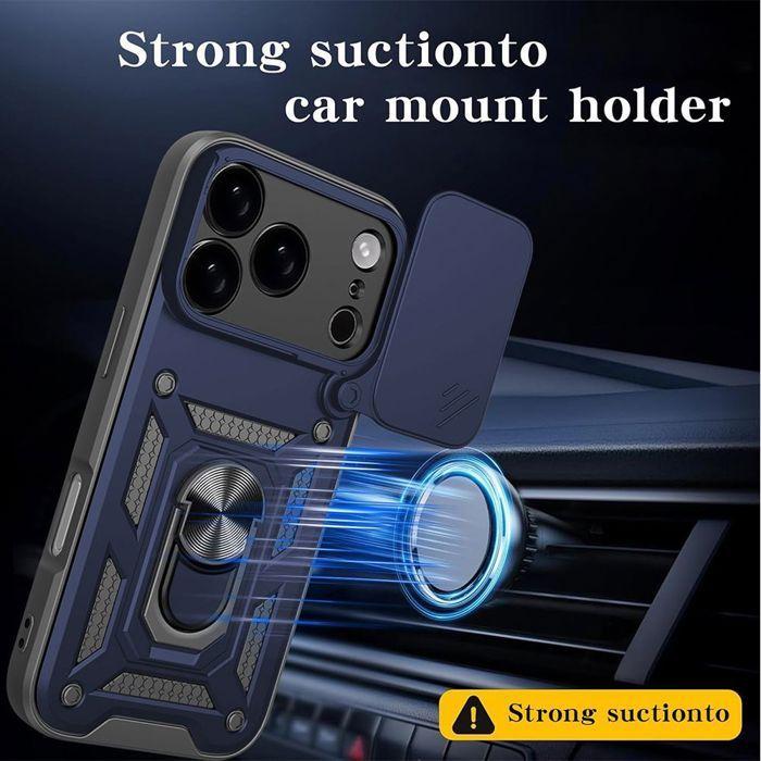 Coque pour iPhone 18 Pro Max, Rigide avec Anneau et Protection Objectif Coulissante - Bleu Marine