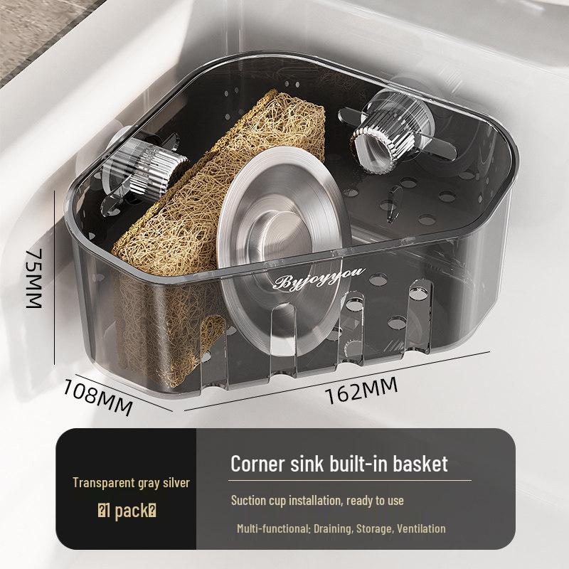 Corner Sink Storage Rack - Multi-functional Sponge & Dish Organizer with Suction Cup Wall Mount