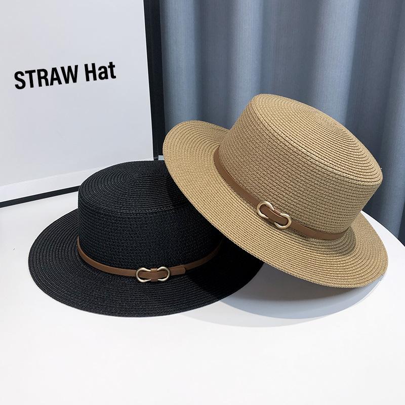 British style flat top straw hat women's summer straw shading hat belt buckle holiday beach sun hat