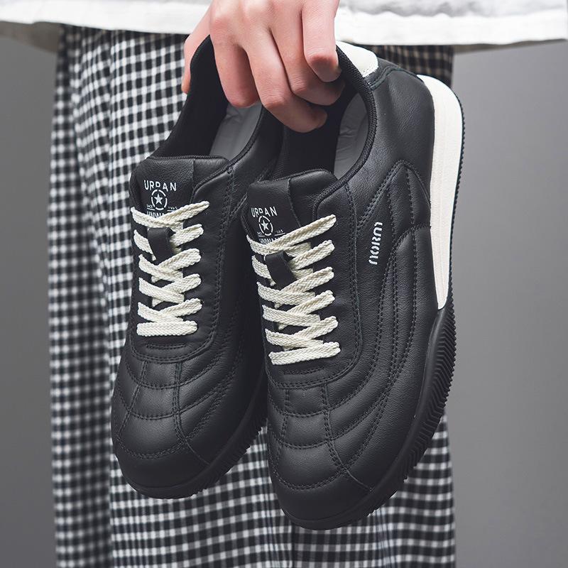 

Autumn new leather Agande training shoes men s platform casual board shoes lightweight round head lace-up sports shoes men 44 чёрный