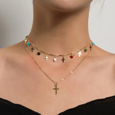 Enamel Heart Cross Pendant Necklace Colorful Gemstone Layered Chain Tassel Drop Jewelry Women Fashion Gift Accessory