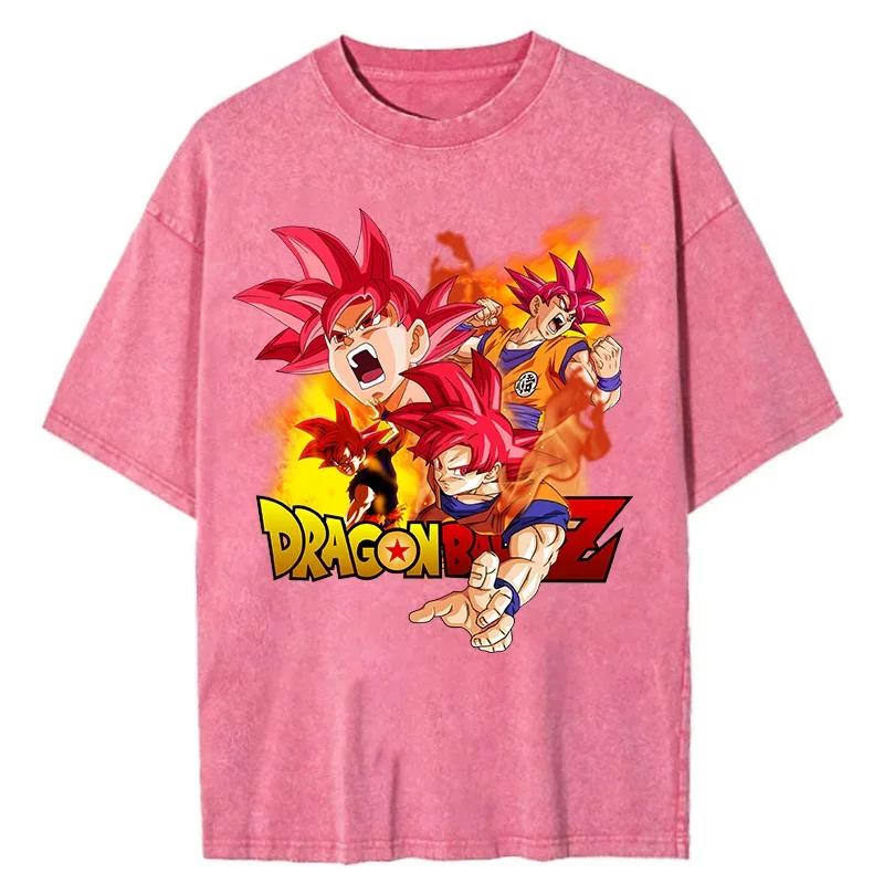Harajuku Streetwear Men Fashion Oversized Vintage T Shirt Japanese Anime Dragon Ball Washed Tshirt Summer Cotton Pink Top Tees