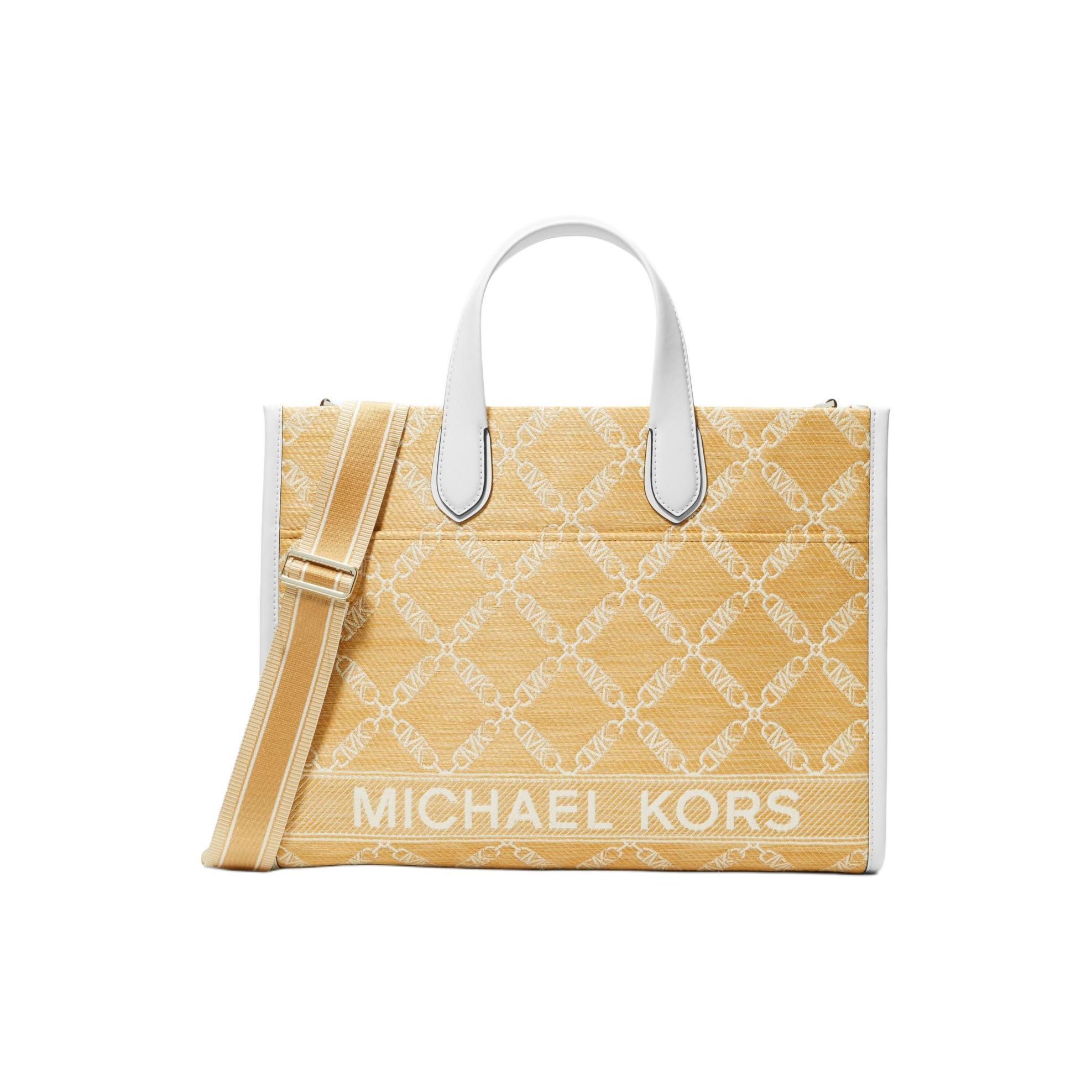 Michael Kors Gigi Logo Fabric Tote Bag Women tote bags Straw-Yellow Pure-White 30S4S3GT3O-884 Basic Set (Bag+Dust Bag)
