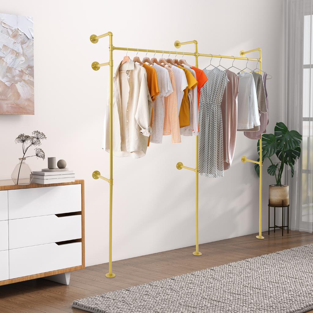 Wall Mounted Garment Rack, Gold Clothing Display Organizer, Load Bearing 110 lbs, Max Length 86.6In, Space Saving Storage Holder