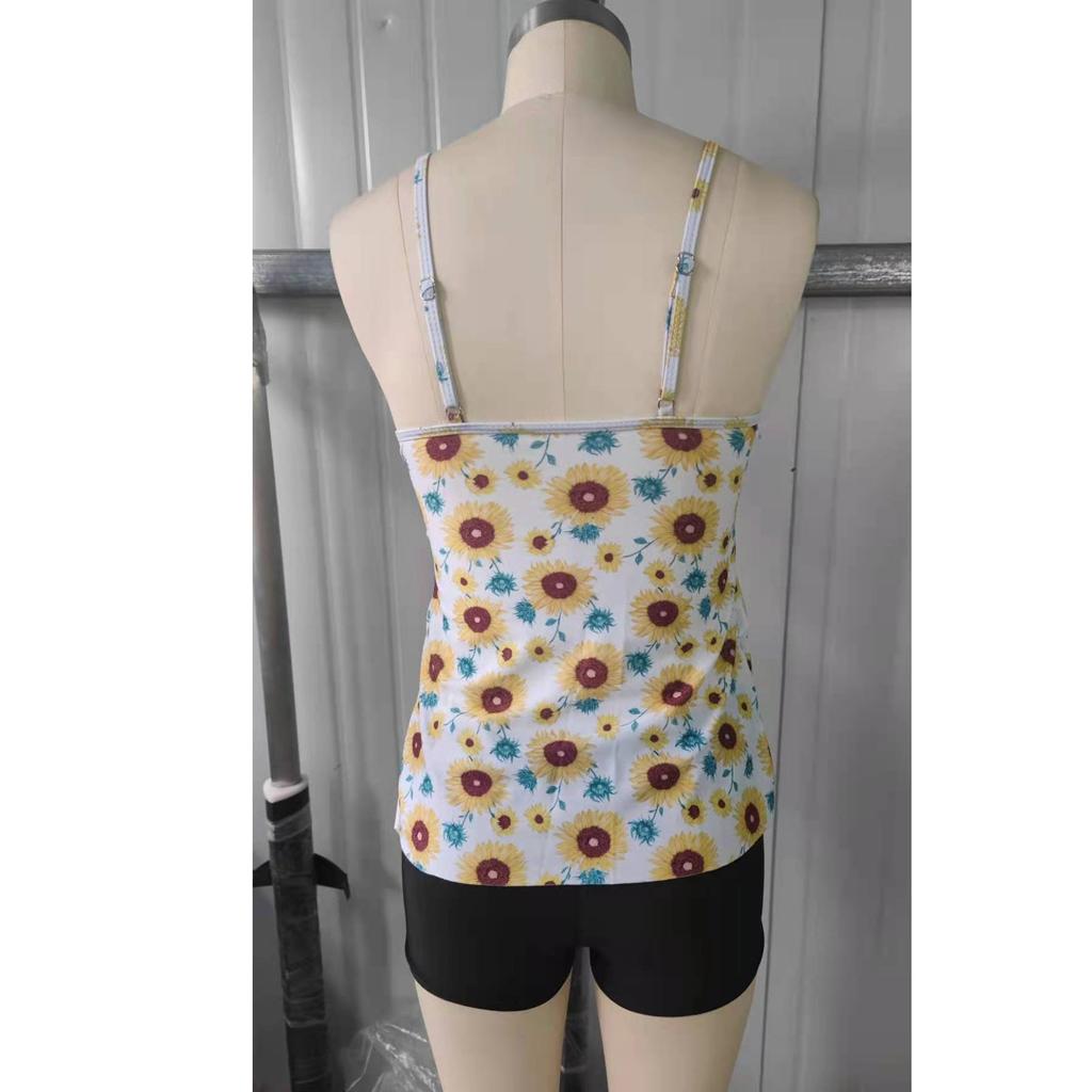 Two Piece Floral Print Women Swimsuit with Padded Bra Tankini Top and Swim Shorts Set for Beach Pool Water Activities