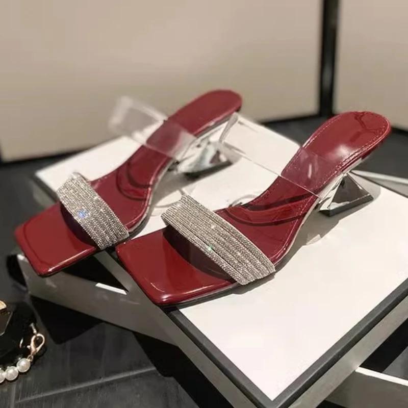 Fashion Crystal Mid Heels Women Slippers Designer Pvc Heeled Slides Woman Shoes 2025 Summer Sandals Pumps Sexy Shallow Chaussures Femme