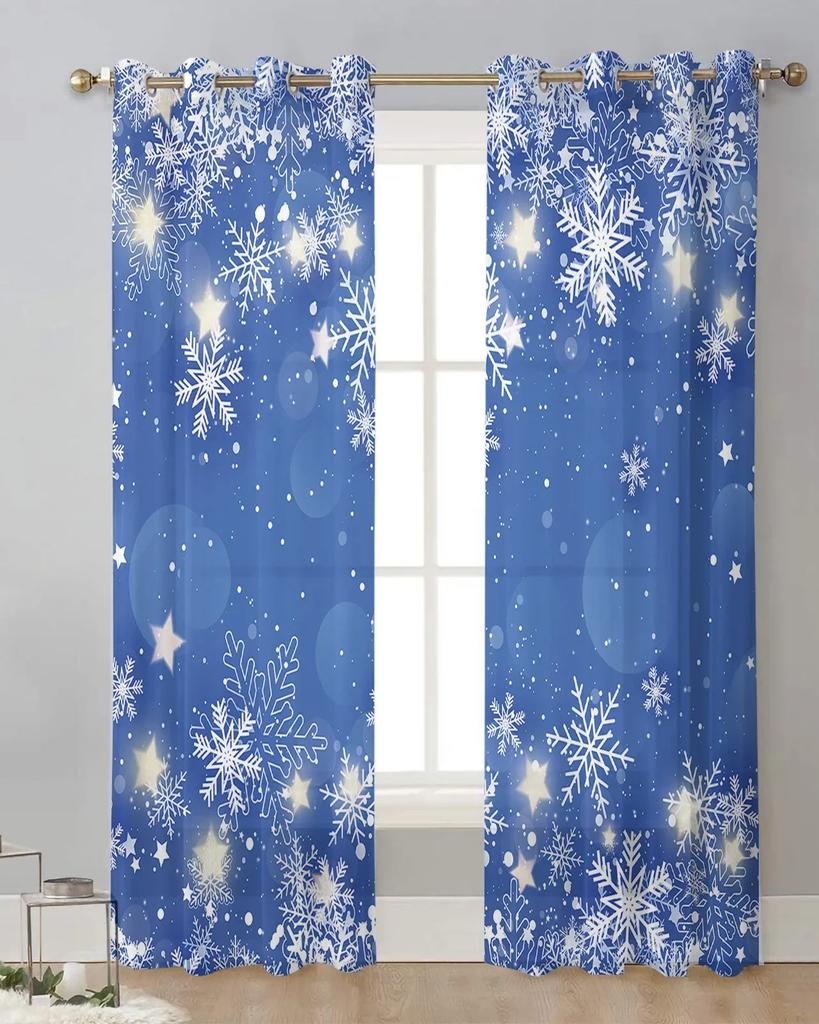 Weihnachtsvorhang mit Schneeflocke, blau, Garn, Tüllvorhänge für Wohnzimmer, Küche, transparente Voile-Vorhänge