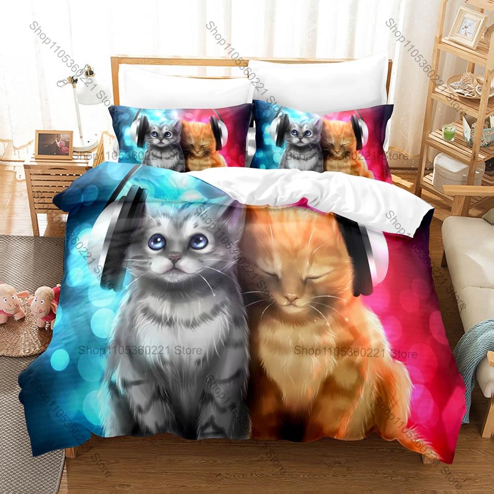 Vintage Sketch Artistic Cat Pattern Duvet Cover + 2 Pillowcases Soft Microfiber Cute Animal Themed Room Bedding
