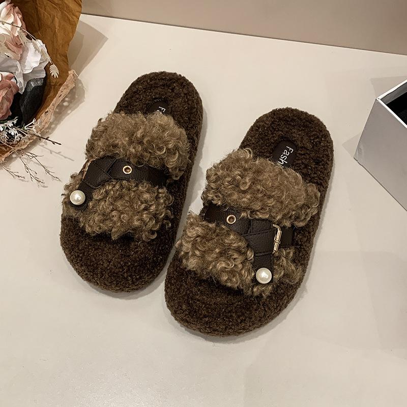 

Ретро плюшевый дизайн пушистые тапочки женская уличная обувь 2025 новый осень и зима толстая подошва увеличивающая рост ремешок с пряжкой хлопковые тапочки 38 коричневый