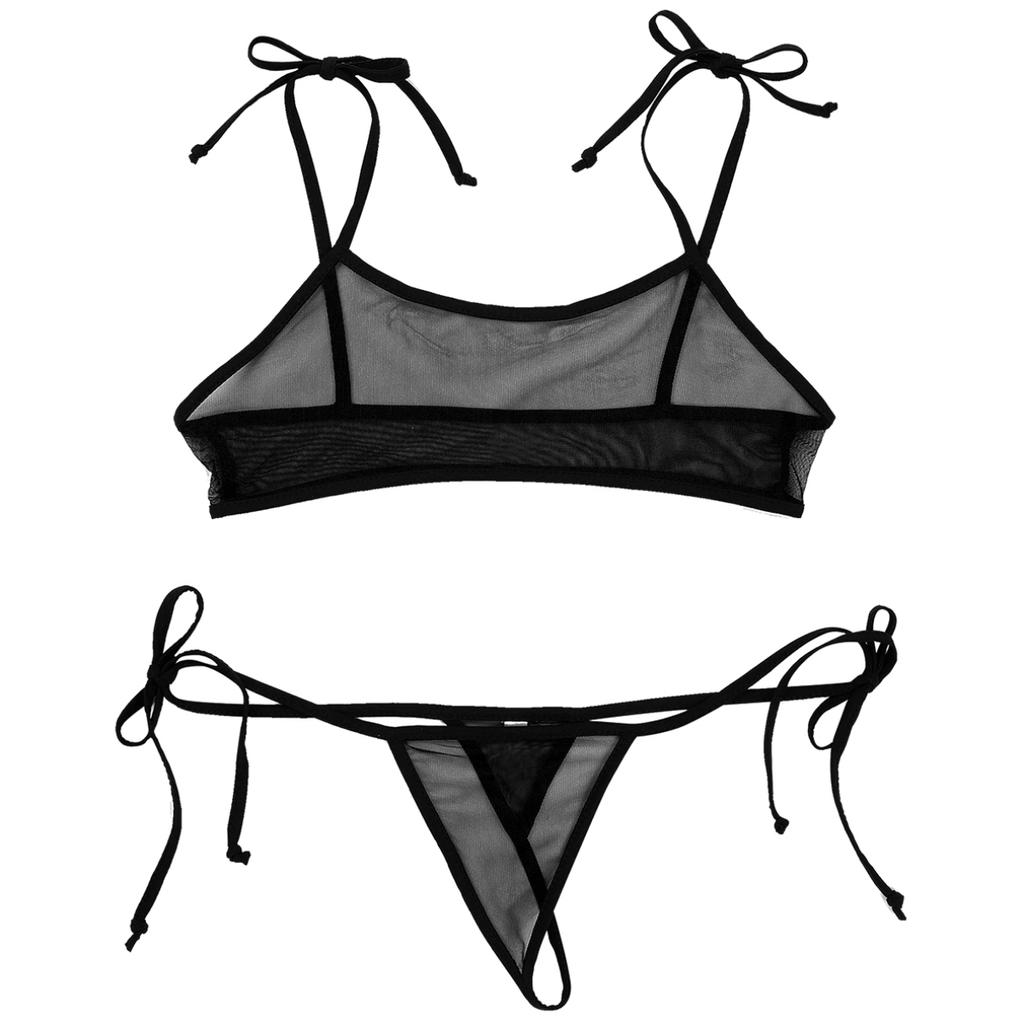 Bikini Donna Doomiva 2 Pezzi Trasparente – Micro Costume Con Babydoll E Mini Perizoma, Bianco E Blu, Taglia Unica, Elastico E Regolabile