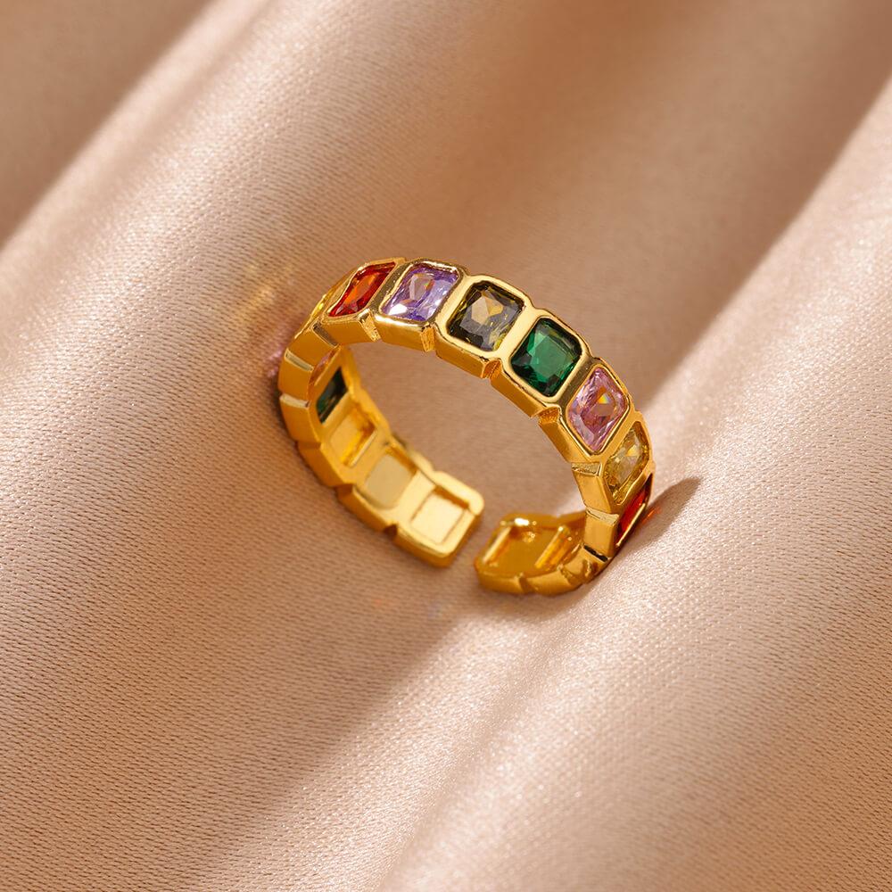 Colorful Cubic Zircon Ring for Women Stainless Steel Gold Color Open Ring Vintage Boho Wedding Party Zircon Gift Accessories