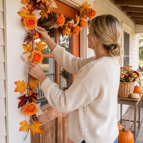 Reusable Holiday Party Supplies 180cm Artificial Vine Hanging Door Wreath with Pumpkins Berries Maple Leaves, Silk Flower Rattan Halloween Garland for