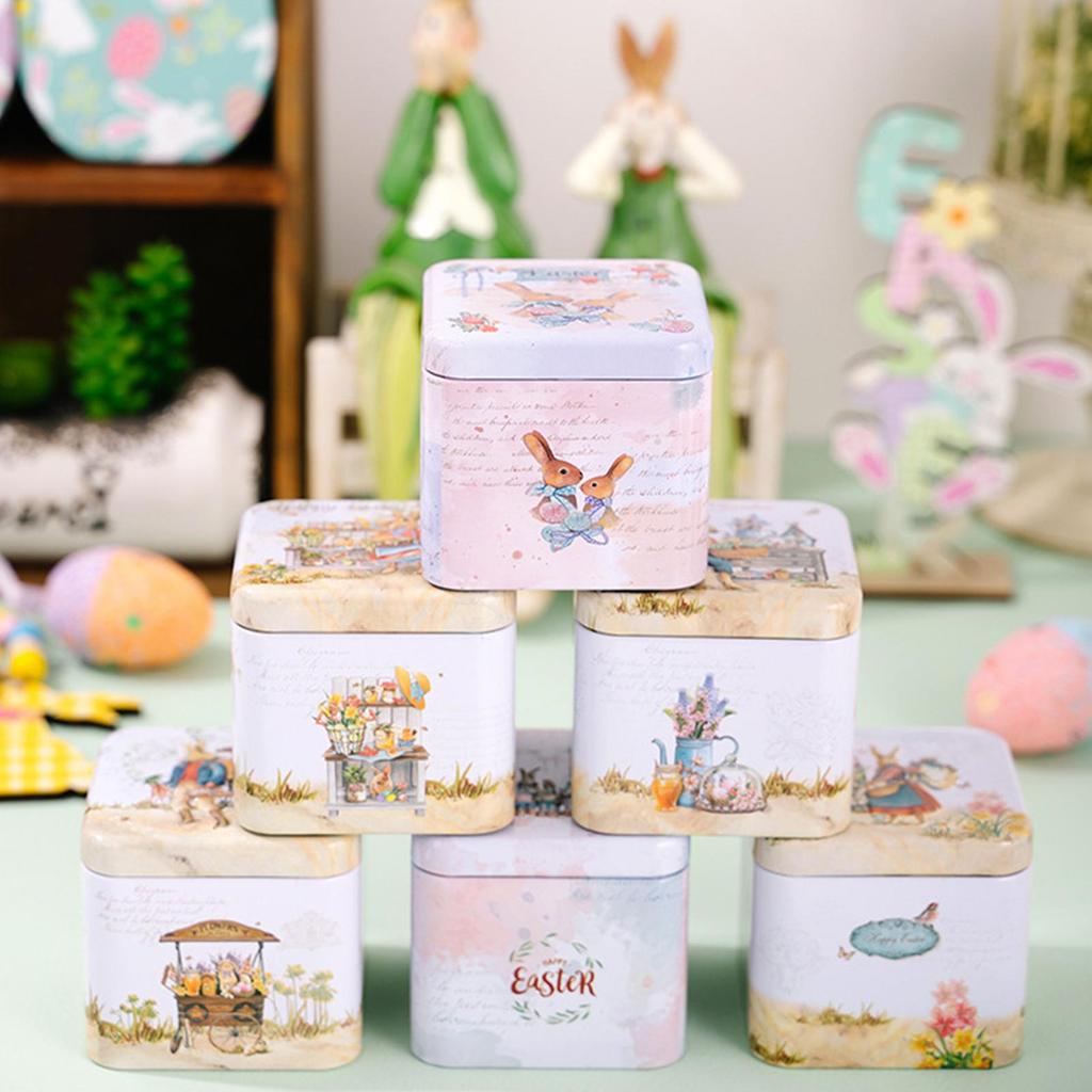 6pcs Easter Cookie Tin Box Bunny Pattern Container With Lid Metal Easter Treat Boxes Easter Gift Decoration Box For Snack Spring