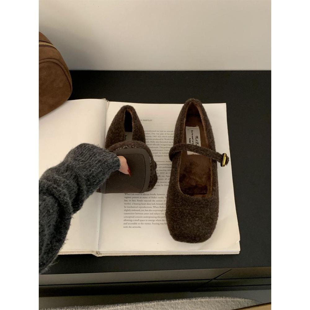 Kwadratowe noski Przytulne baleriny z wełny jagnięcej Damskie ciepłe futrzane buty typu Mary Jane Damskie markowe eleganckie puszyste pluszowe mokasyny