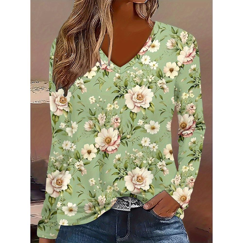 Spring Autumn Fashion Comfortable Soft V-neck Long Sleeve T-shirt Creative Butterfly Flower Loose Casual Women Versatile 3D Printed T-shirt