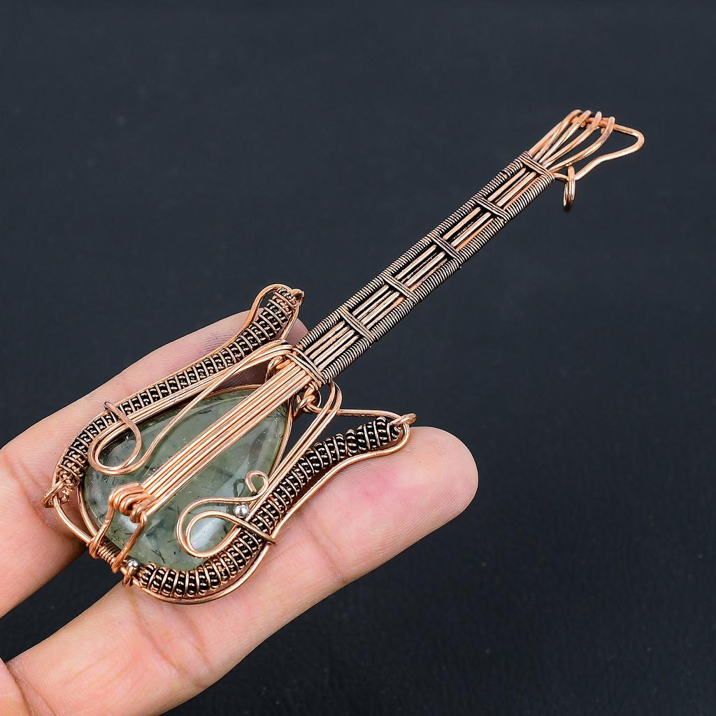 Natural Moss Prehnite Stone Handmade Copper Wire Wrap Guitar Pendant 4.53 Y3g54