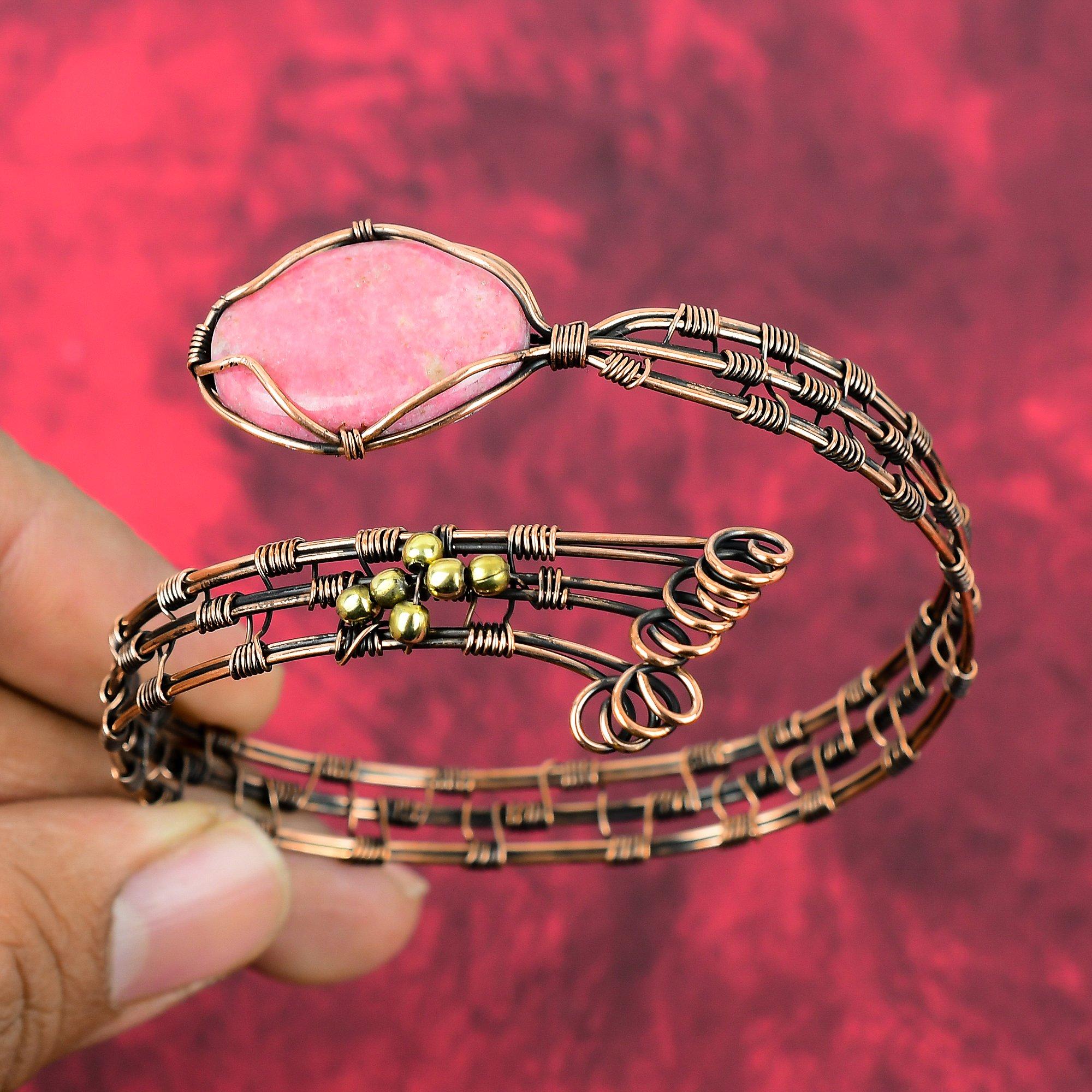 Браслет-манжета из тулита Медная проволока Обернутый браслет-манжета Украшения из драгоценных камней Регулируемый браслет-манжета Ручной работы Браслет Медная проволока Украшения Подарки для него Adjustable