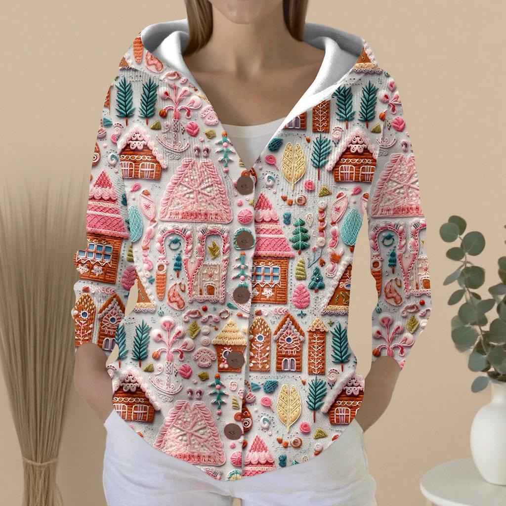 Women's Fashion Casual Sweater Button-Up Print Cardigan  Hooded Jacket