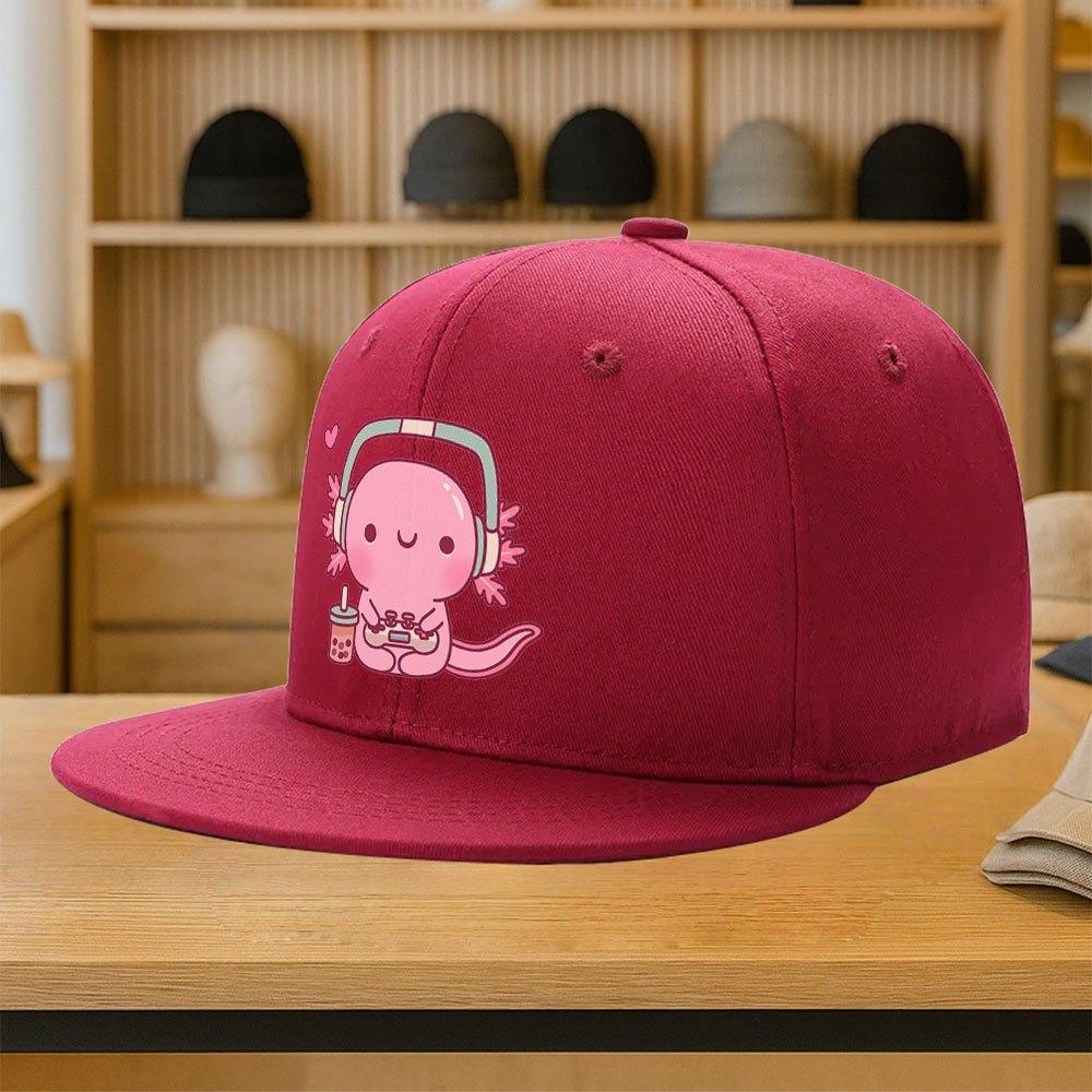 Cute Gamer Axolotl Print Baseball Cap Polyester Adjustable Streetwear Casual Snapback Hat One Size
