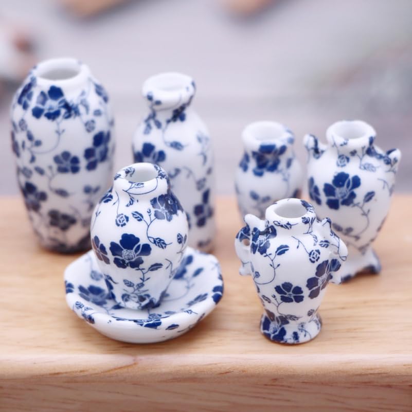 Hohopeti Set of 7 Miniature Ceramic Flower Dollhouse Small Interior Decor Vases, Accessories, 2x2x1.4 Inches,