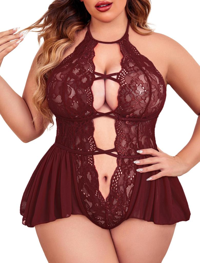 Avidlove Womens Plus Size Lingerie Lace Bodysuit Teddy Deep V One Piece Lace Babydoll