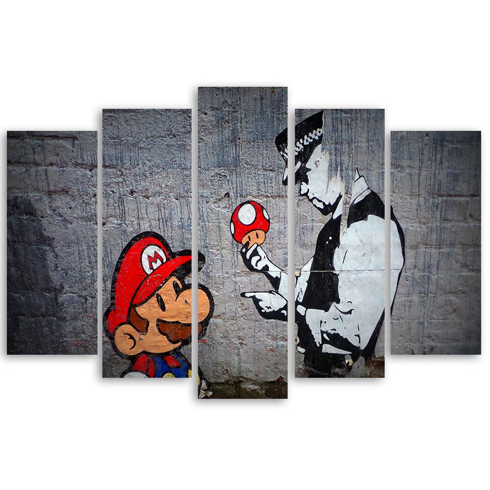 Pětidílný obraz na plátně Banksy Mario Graffiti