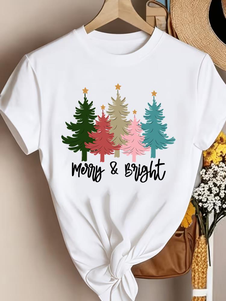 (Asian Size) watercolor winter Christmas Clothing New Year T Shirt Women Fashion Festival Tee Top Print Woman Short Sleeve Graphic T-shirts