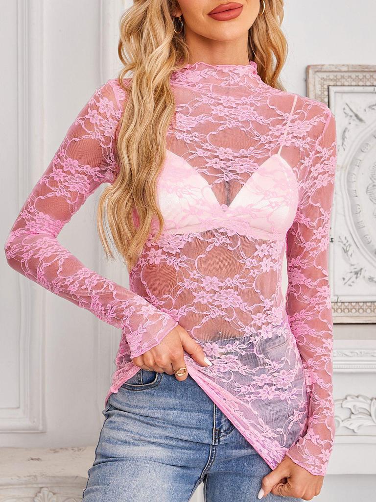 TK2025 Slim Fit Summer Mesh Lace Long Sleeve Top for Women