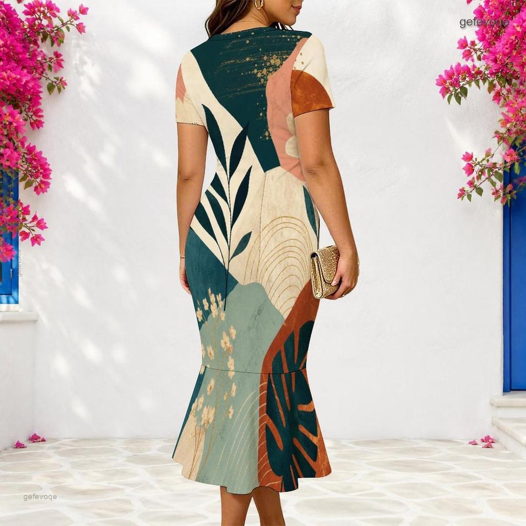Women Plus Size V Neck Short Sleeve Fitted Abstract Leaf Printed Fishtail Dress